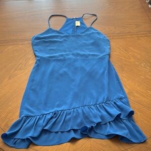 Everly Anthropologie T- Strap Ruffle Hem Bright Cobalt Blue Dress Large Like New